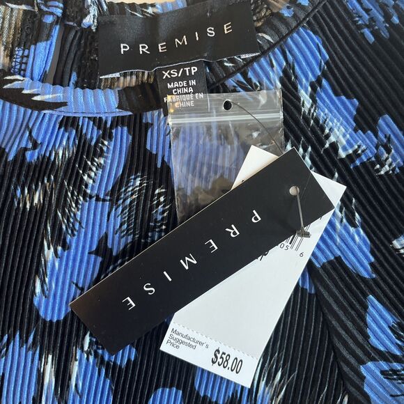 Premise Blouse Top Women’s XS Blue Black Stretch Long Sleeve Ruffled Cuff - Picture 3 of 7